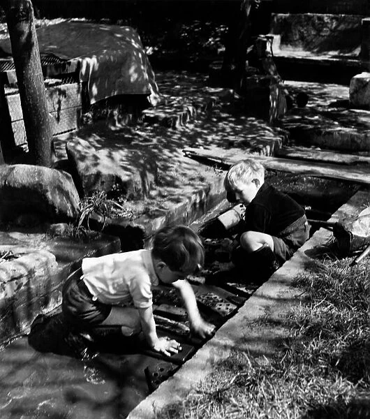 Children water play at Chelsea Nursery School. May 1949 P012153