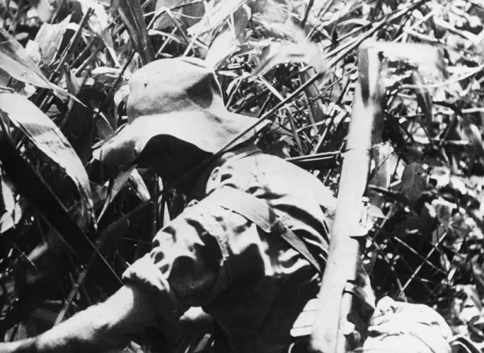 Framed Print : A Chindit hacks his way through thick jungle. A scene from the Army film Unit Production Framed Print : A Chindit hacks his way through thick jungle. A scene from the Army film Unit Production