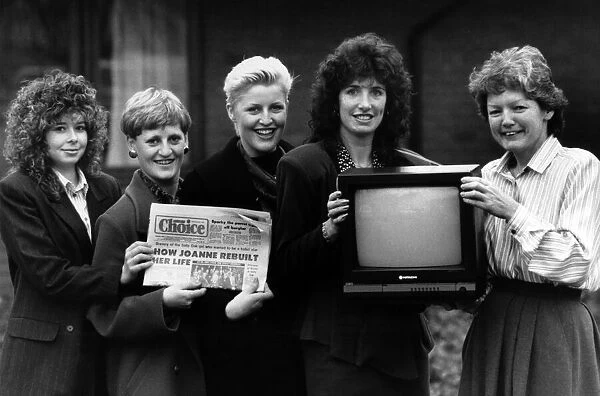 The Choice advert girls present a colour TV to Sally Day