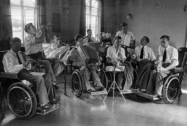 Choir and musicians composed of war-maimed men at EMS hospital, Stoke Mandeville