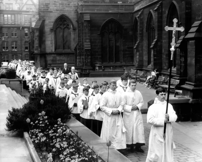 Framed Print : The choir of St. Nicholas Cathedral, Newcastle lined up in the Cathedral grounds waiting