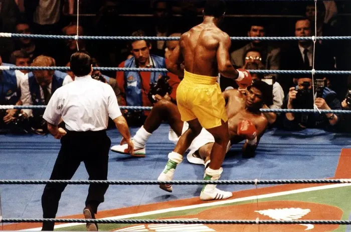 Framed Print : Chris Eubank Boxer Knocks Down Sugar Boy Malinga during their fight in Birmingham