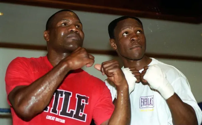 Framed Print : Chris Eubank (R) boxing September 1997 training in boxing ring with sparring partner