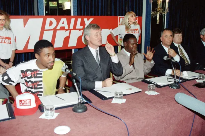 Framed Print : Chris Eubank (right) and Michael Watson with Barry Hearn (centre