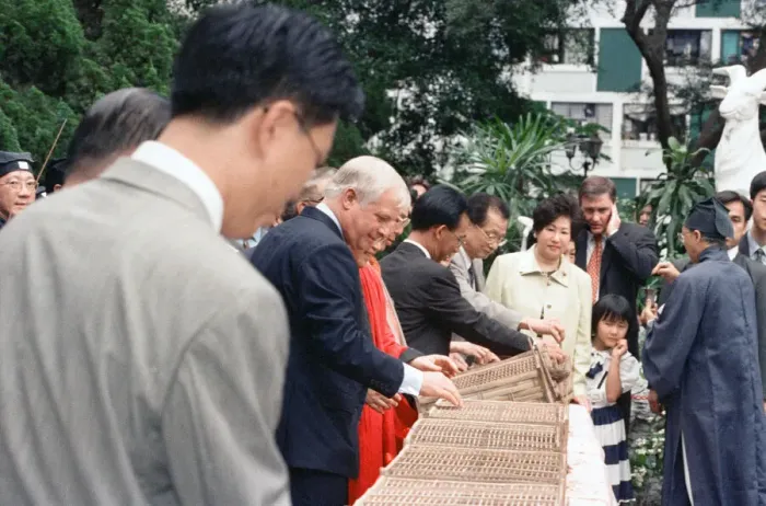 Framed Print : Chris Patten, the 28th and last Governor of Hong Kong, prepares for the official handover Framed Print : Chris Patten, the 28th and last Governor of Hong Kong, prepares for the official handover