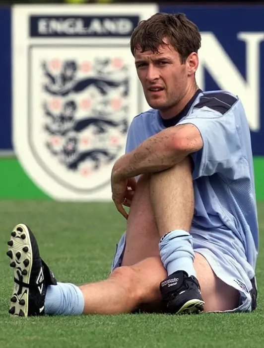 Framed Print : Chris Sutton England Player, takes a break during training session Framed Print : Chris Sutton England Player, takes a break during training session