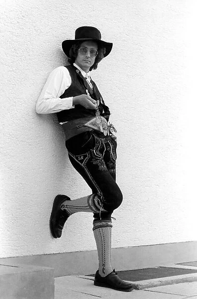Chris Ward wearing Lederhosen in the village of Ruhpolding, near Munich. May 1975