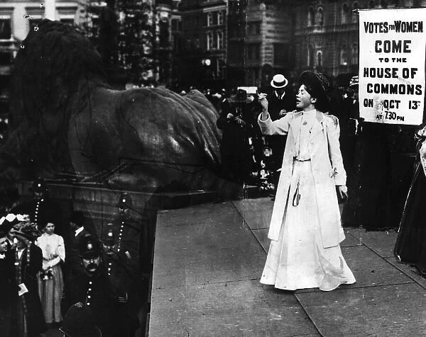 Christabel Pankhurst addressing an unemployed meeting in Trafalgar Square 1908