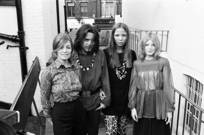 Framed Print : Christine Keeler, David Bailey, Penelope Tree and Marianne Faithfull at a party in a club