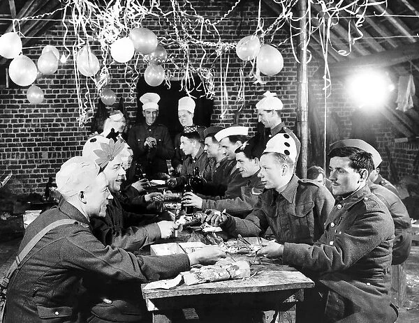 Christmas for British troops in France December 1939 Pulling crackers after