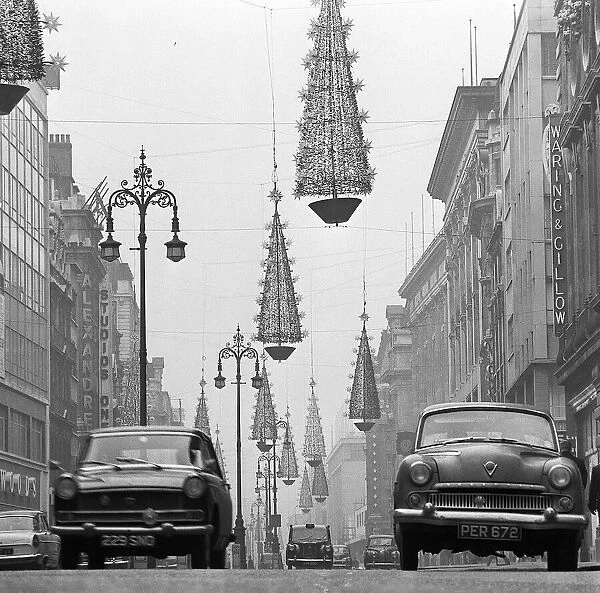 Christmas lights and decorations in Oxford Street, London 1962