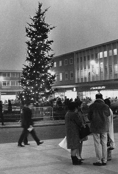 The Christmas scene in Mell Square, Solihull, with the illuminated tree dominating