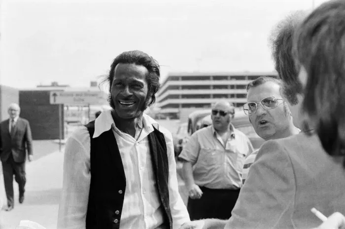 Framed Print : Chuck Berry arriving at Heathrow airport, London. 3rd August 1972 Framed Print : Chuck Berry arriving at Heathrow airport, London. 3rd August 1972