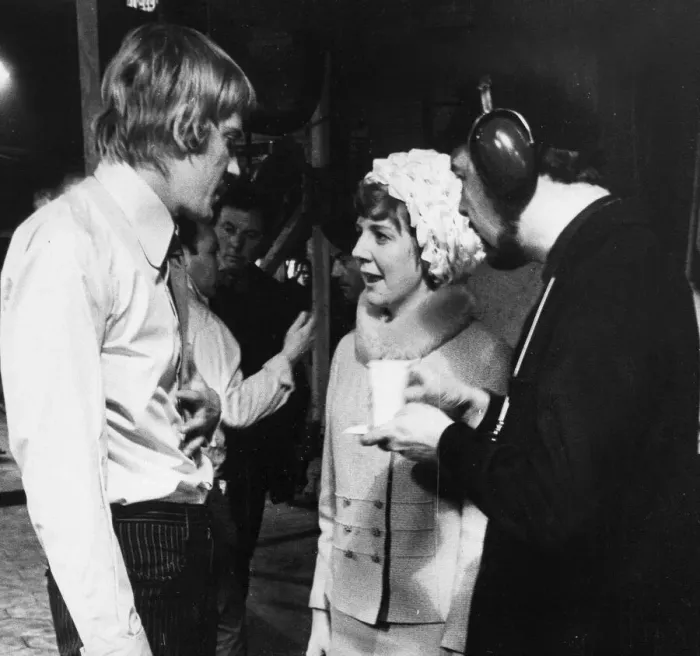 Framed Print : Cilla Black and David Warner with Peter Hall on the set of film Work is a Four Letter