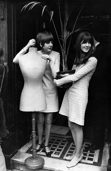 Cilla Black (holding tailors dummy) and Cathy McGowan (with potted plant