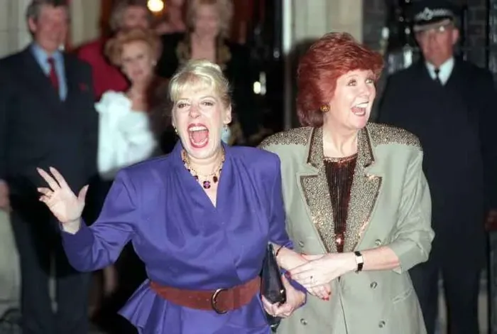 : Cilla Black TV presenter March 1990 with actress Julie Goodyear outside 10 Downing : Cilla Black TV presenter March 1990 with actress Julie Goodyear outside 10 Downing