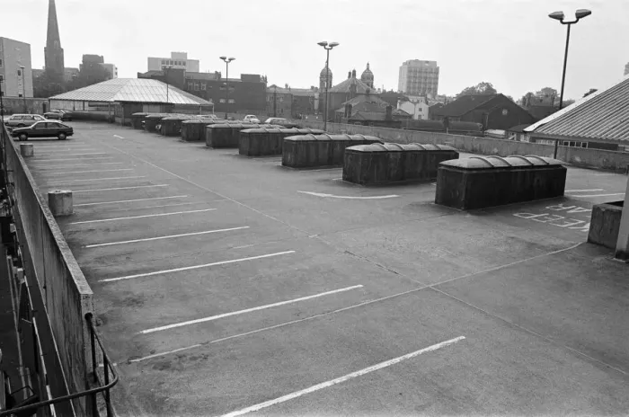Framed Print : City Arcade rooftop car park and market roof, Coventry. 30th August 1985 Framed Print : City Arcade rooftop car park and market roof, Coventry. 30th August 1985