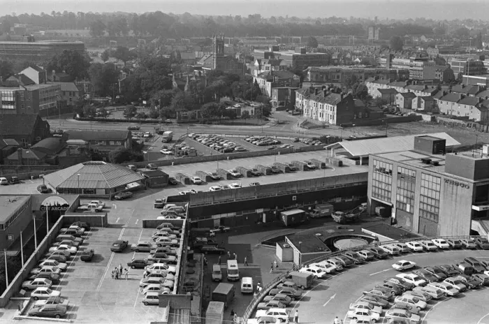 Framed Print : City Arcade rooftop car park and market roof, Coventry. 30th August 1985