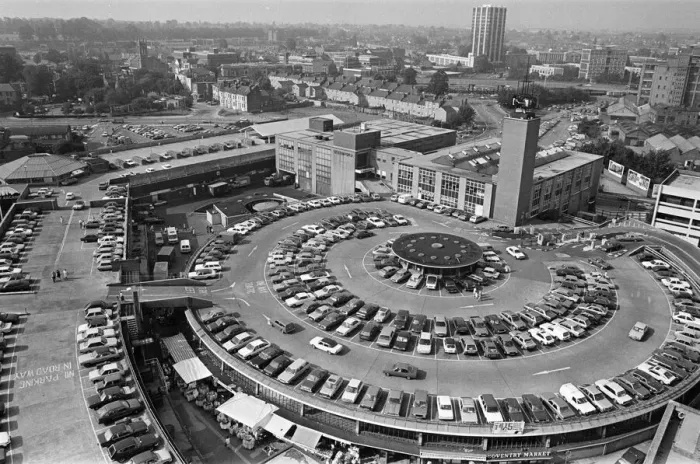 Framed Print : City Arcade rooftop car park and market roof, Coventry. 30th August 1985