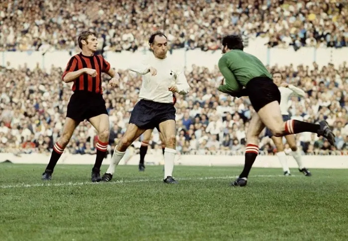 Framed Print : City Keeper Joe Corrigan heaads off Alan Gilzean of Spurs  /  Tottenham Hotspur footbal