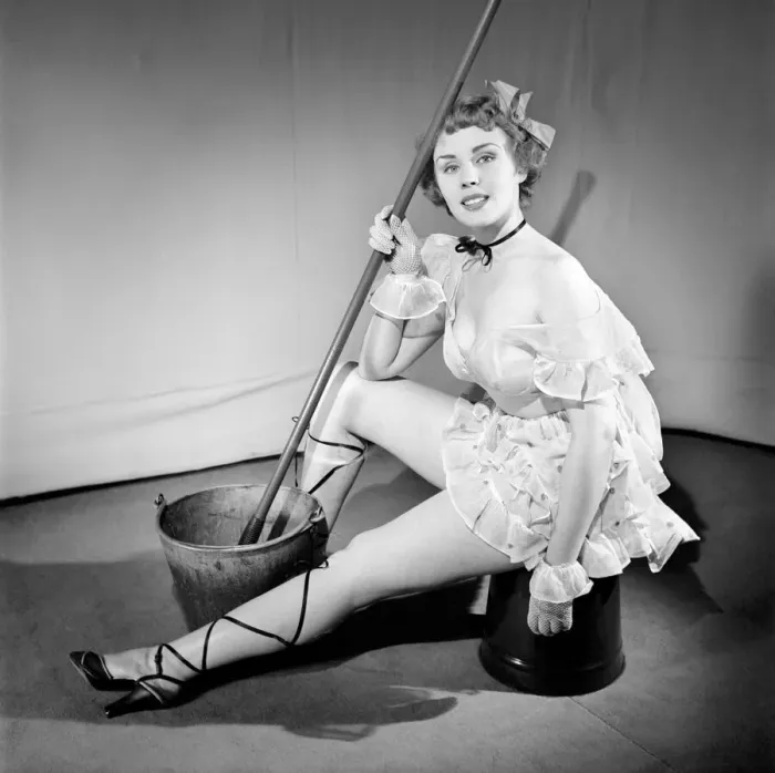 Framed Print : Cleaner wearing fancy dress. 1966 E25-006 Framed Print : Cleaner wearing fancy dress. 1966 E25-006