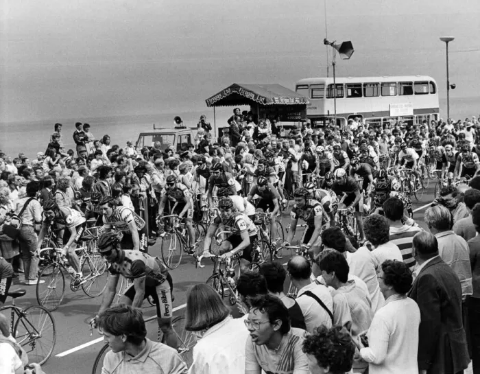 Framed Print : Cleveland Countys eager cycling fans crowd into Saltburn