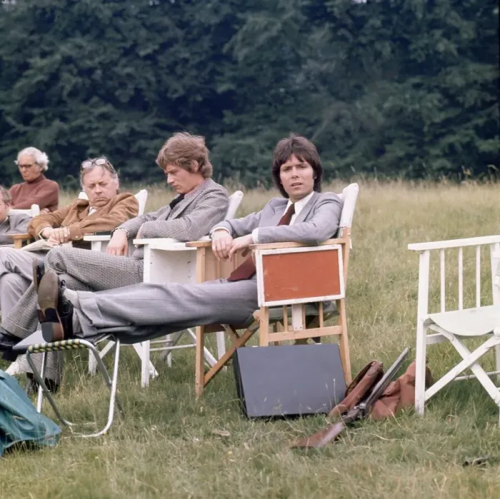 Framed Print : Cliff Richard and Anthony Andrews seen here relaxing between takes on location filming Framed Print : Cliff Richard and Anthony Andrews seen here relaxing between takes on location filming