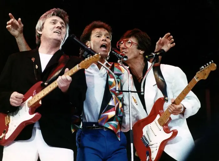 Framed Print : Cliff Richard Singer reunites with Bruce Welch and Hank Marvin members of his old backing