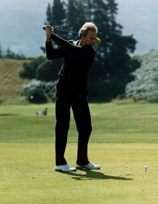 Framed Print : Clint Eastwood actor swinging driver teeing off golf Kings course Gleneagles Framed Print : Clint Eastwood actor swinging driver teeing off golf Kings course Gleneagles
