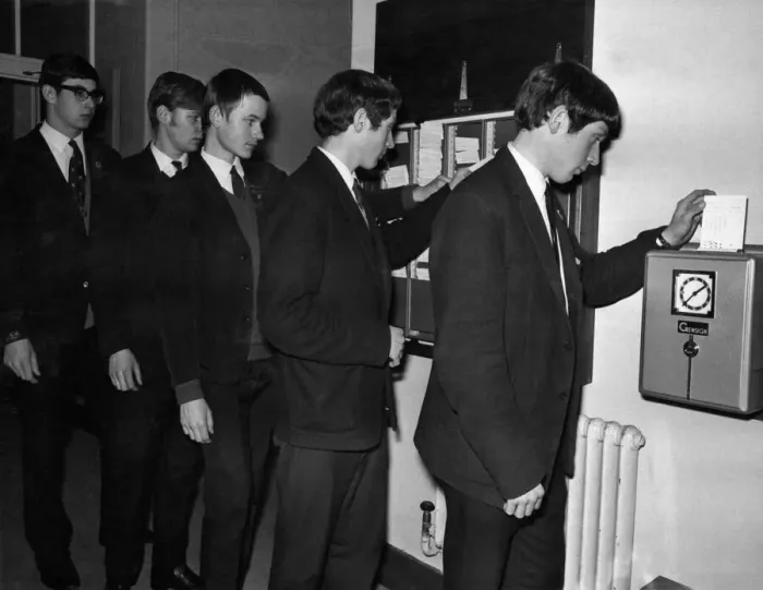 Framed Print : Clocking in at School: The boys clock-in at the Silver Jubilee School