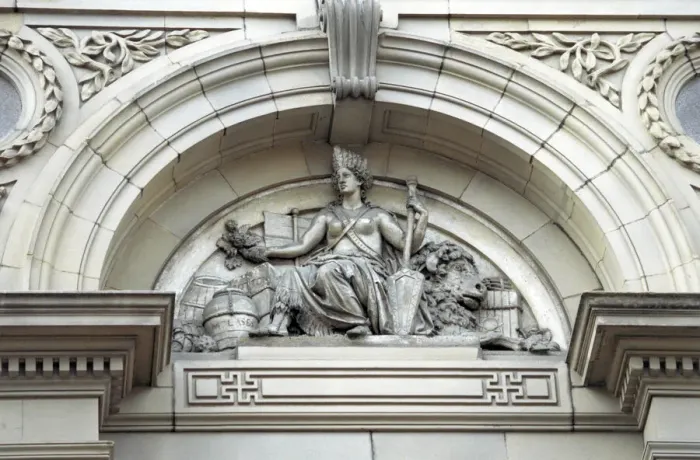 Framed Print : Close up of the portico on the facade of the Free Trade Hall building in Peter Street