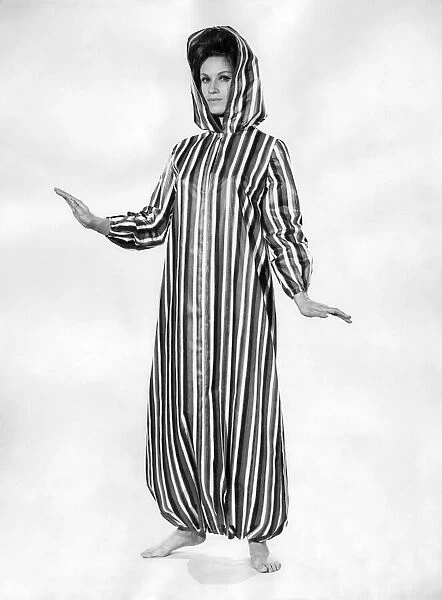 Clothing Beach. Andy Pandy style hooded striped outfit. July 1964 P017996