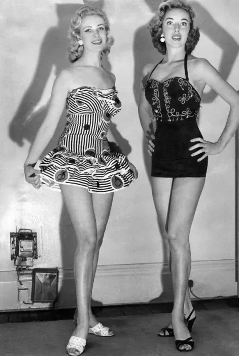 Framed Print : Clothing Beach. Mini dress. Halterneck basque. August 1956 P018068