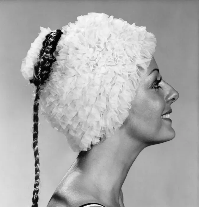Framed Print : Clothing : Beach. Woman models a frilly swimming hat. October 1970 P017299 Framed Print : Clothing : Beach. Woman models a frilly swimming hat. October 1970 P017299