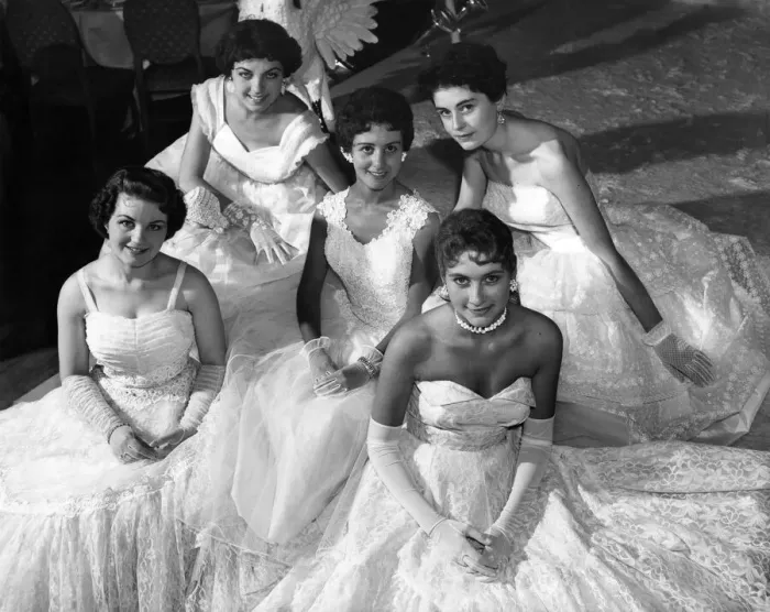 Framed Print : Clothing Fashion 1957: (Afternoon rehearsal pictures). Three front girls (left to right)