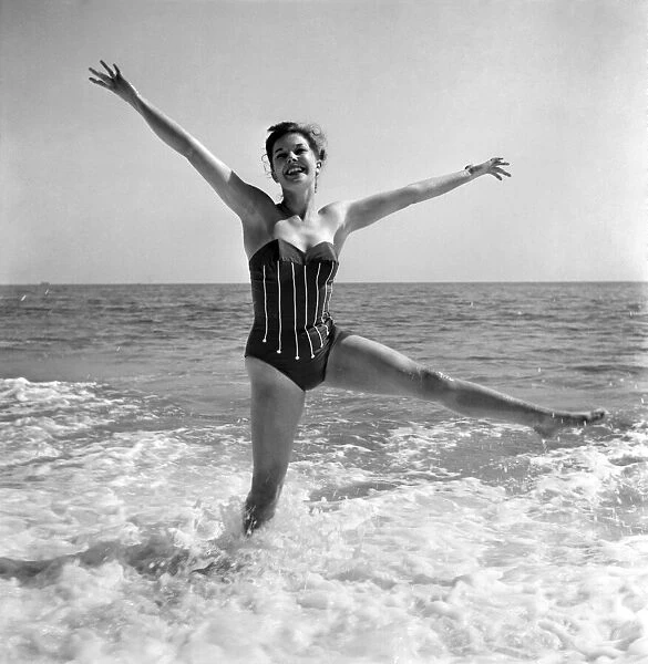 Clothing: Fashion: Beachwear: Boobie Hills models latest swimming costumes. 1965 E407-005