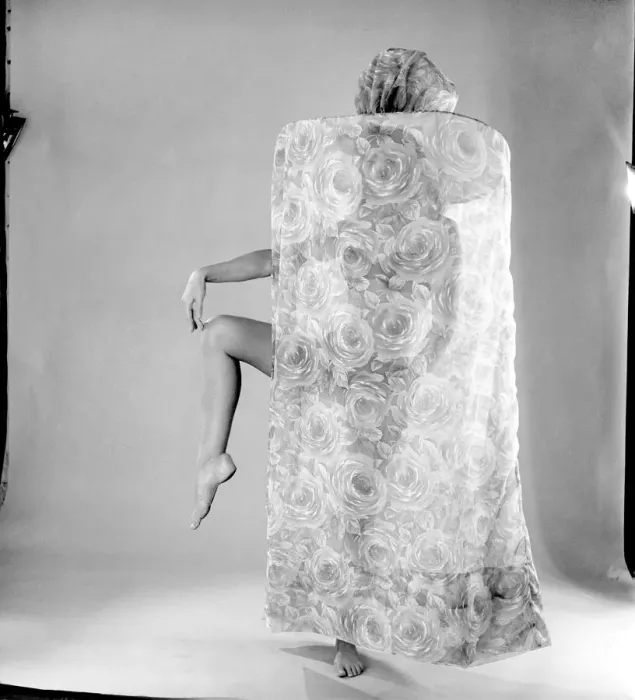 Framed Print : Clothing: Fashion: Beachwear: Model wearing beachwrap tent. 1966