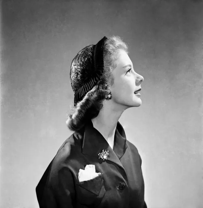 Framed Print : Clothing: Fashion: Hats Hat of ribbon of veiling. June 1952 C3241 Framed Print : Clothing: Fashion: Hats Hat of ribbon of veiling. June 1952 C3241