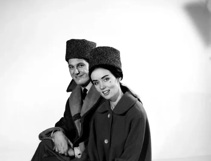 Framed Print : Clothing: Fashion: Hats: Man and woman wearing cossack hats Framed Print : Clothing: Fashion: Hats: Man and woman wearing cossack hats