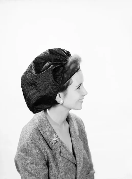 Framed Print : Clothing: Fashion: Hats: Woman wearing mink trimmed beret. Model: Ann Cave. 1962 B1543