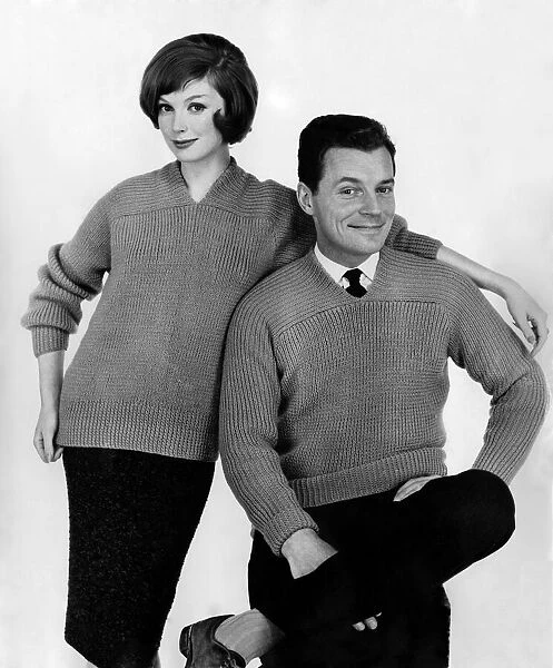 Clothing: Fashion: Knitwear. Couple wearing matching jumpers. October 1959 P013234