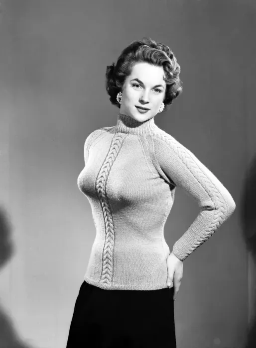 Framed Print : Clothing: Fashion: Knitwear: Model wearing jumper. 1955 Framed Print : Clothing: Fashion: Knitwear: Model wearing jumper. 1955