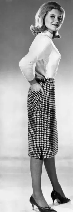 Framed Print : Clothing Fashion: Maureen Walker modeling a check pencil skirt Framed Print : Clothing Fashion: Maureen Walker modeling a check pencil skirt