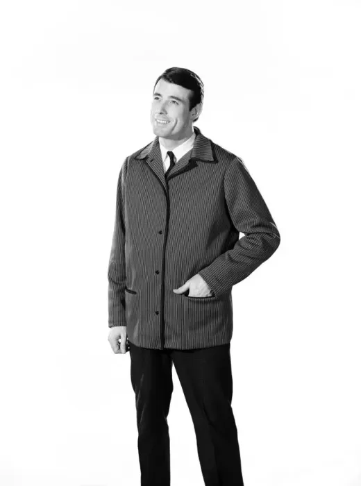 Framed Print : Clothing: Fashion: Menswear: Man wearing stripe jersey jacket. Model: Peter Anthony