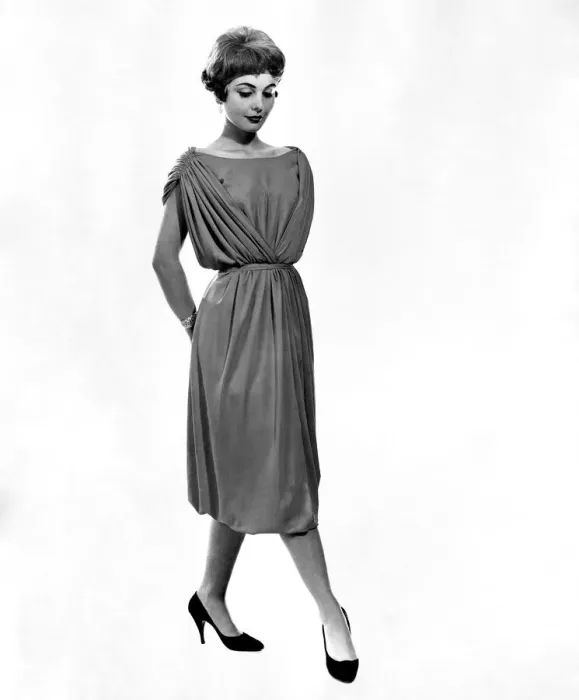 Framed Print : Clothing Fashion. Model wearing a belted evening dress. September 1958 P006905 Framed Print : Clothing Fashion. Model wearing a belted evening dress. September 1958 P006905