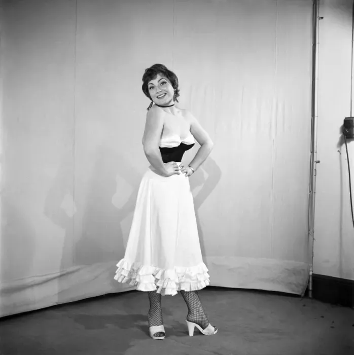 Framed Print : Clothing: Fashion: Spanish Skirt: Woman wearing flamenco style skirt. 1959 E98-002