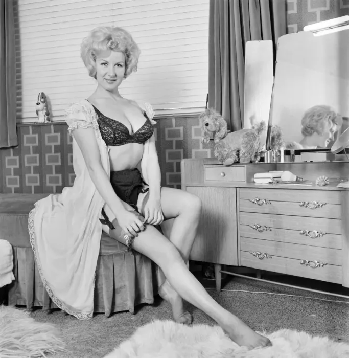 Framed Print : Clothing: Fashion: Underwear: Caron Gardner modelling bra, knickers and suspenders
