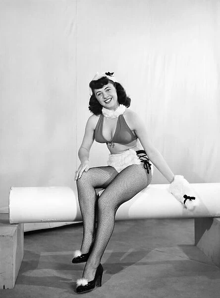 Clothing: Fashion: Underwear: Woman wearing fur knickers. 1959 E87a-001