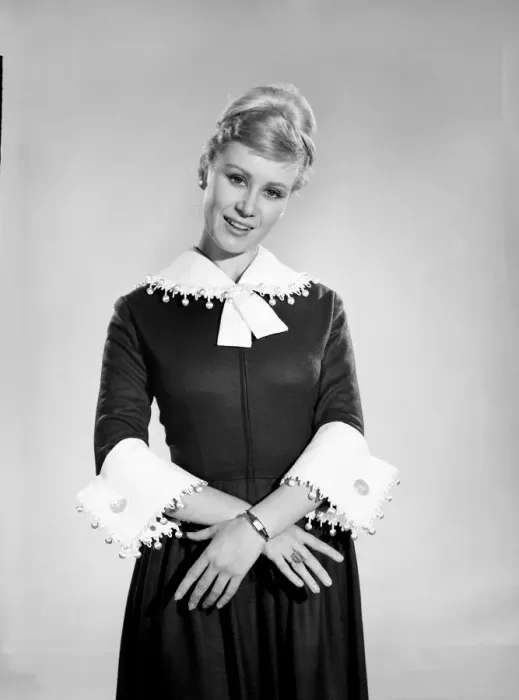 Framed Print : Clothing: Fashion: Woman wearing dress with matching collar and cuffs. Model: Rita Royce