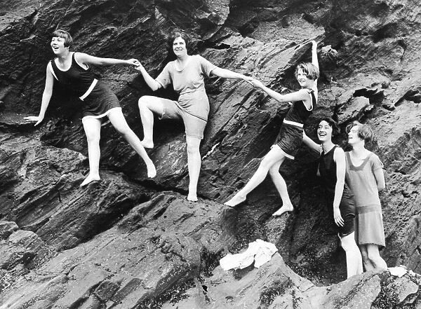 Clothing Fashions 1920s Womens Swimsuits -Old Bathers climbing the rocks at